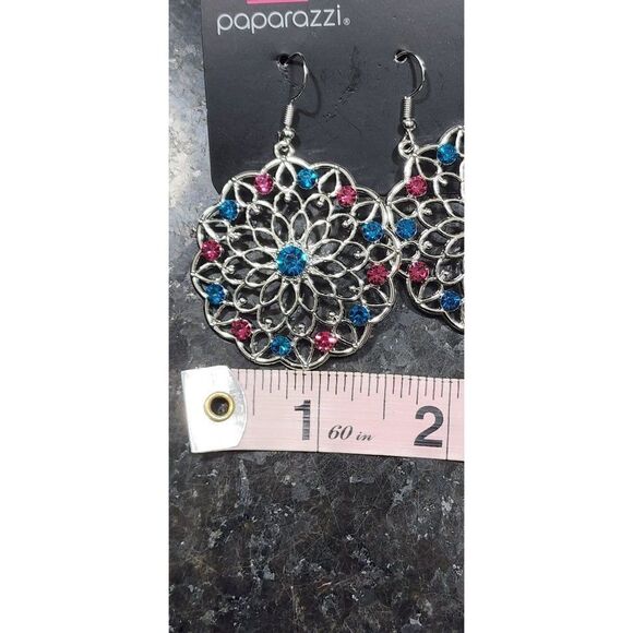 Paparazzi Dangle Earrings with Blue and Pink Rhinestones, NEW - Picture 3 of 4